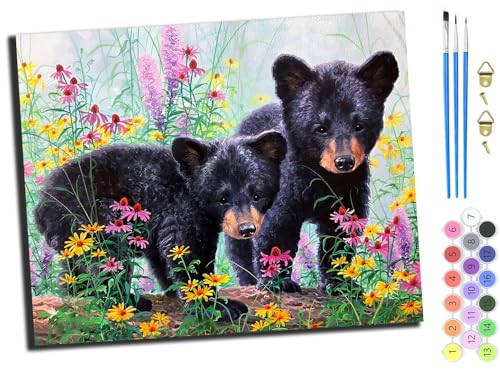 WANGXIAO Malen Nach Zahlen Erwachsene,DIY mit Pinseln und Acrylfarben Handgemalt Ölgemälde Leinwand für Home Decor,(40x50cm),Zwei Bärenbabys spielen in der Wildnis,mit Rahmen von WANGXIAO