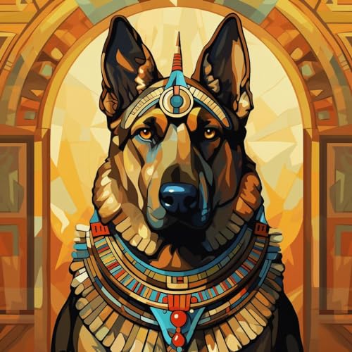 WANGXIAO Malen Nach Zahlen Erwachsene,Mädchen und Junge,Farbiges Leinwand Acrylfarben DIY Ölgemälde Set zur Heimdekoration,40x40cm,Deutscher Schäferhund im ägyptischen Stil，,Mit Rahmen von WANGXIAO