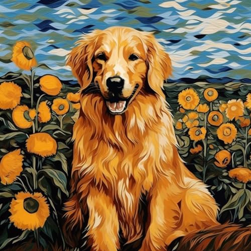 WANGXIAO Malen Nach Zahlen Erwachsene,Mädchen und Junge,Farbiges Leinwand Acrylfarben DIY Ölgemälde Set zur Heimdekoration,40x40cm,Golden Retriever im Sonnenblumenfeld，,Mit Rahmen von WANGXIAO