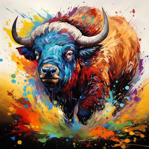 WANGXIAO Malen Nach Zahlen Erwachsene,Mädchen und Junge,Farbiges Leinwand Acrylfarben DIY Ölgemälde Set zur Heimdekoration,40x40cm,buntes Graffiti-Porträt eines afrikanischen Büffels，,Mit Rahmen von WANGXIAO