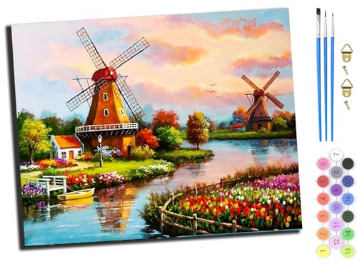 WANGXIAO Malen Nach Zahlen Erwachsene,Mädchen und Junge,Farbiges Leinwand Acrylfarben DIY Ölgemälde Set zur Heimdekoration,40x50cm,Bachwindmühle und Blumen,ohne Rahmen von WANGXIAO