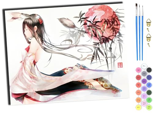WANGXIAO Malen Nach Zahlen Erwachsene,Paint by Numbers,DIY Handgemalt Ölgemälde Mit 3,Pinseln und Acrylfarbe leinwand Kit,40x50 cm,Anime japanische Mädchen Kimono Geisha,mit Rahmen von WANGXIAO