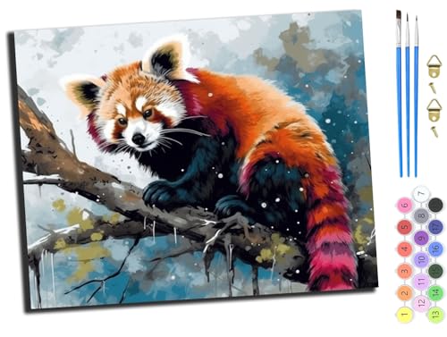 WANGXIAO Malen Nach Zahlen Erwachsene,Paint by Numbers,DIY Handgemalt Ölgemälde Mit 3,Pinseln und Acrylfarbe leinwand Kit,40x50 cm,TiereNiedlichRoter PandaSchmetterling,mit Rahmen von WANGXIAO