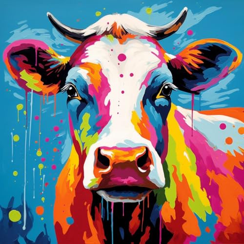 WANGXIAO Malen Nach Zahlen Erwachsene,inklusive Pinsel und Acrylfarben,40x40cm,DIY Handgemalt Ölgemälde Kit,Abstrakte Graffiti bunte Kuh，,ohne Rahmen von WANGXIAO