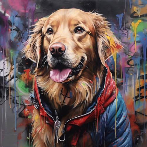WANGXIAO Malen Nach Zahlen Erwachsene,inklusive Pinsel und Acrylfarben,40x40cm,DIY Handgemalt Ölgemälde Kit,Bunte Graffiti Golden Retriever Hund，,ohne Rahmen von WANGXIAO