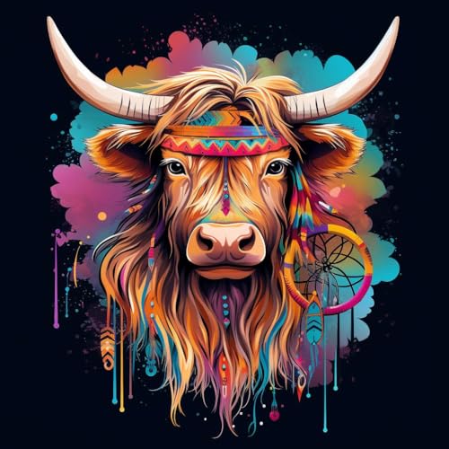 WANGXIAO Malen Nach Zahlen Erwachsene,inklusive Pinsel und Acrylfarben,40x40cm,DIY Handgemalt Ölgemälde Kit,Bunter Traumfänger Highland Cow，,ohne Rahmen von WANGXIAO
