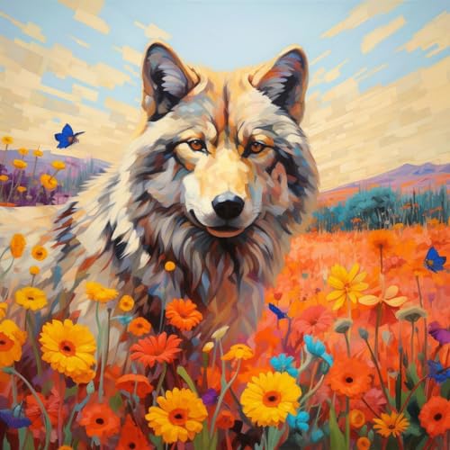 WANGXIAO Malen Nach Zahlen Erwachsene,inklusive Pinsel und Acrylfarben,40x40cm,DIY Handgemalt Ölgemälde Kit,Daisy Blume Feld Schmetterling und Wolf，,ohne Rahmen von WANGXIAO