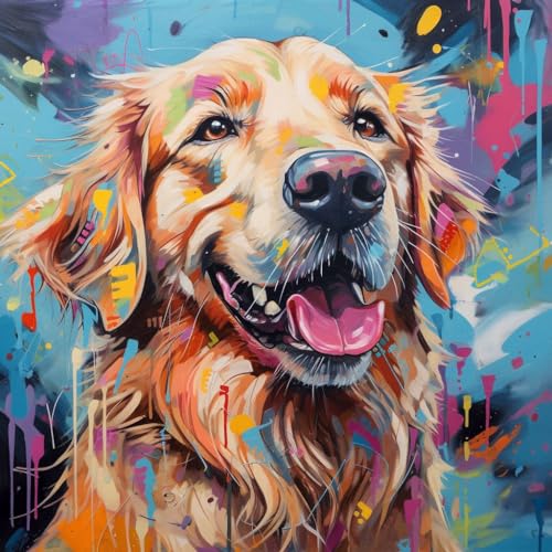 WANGXIAO Malen Nach Zahlen Erwachsene 40x40cm,mit Pinsels und Acrylfarbe kit,DIY Handgemalt Ölgemälde für Geschenke und Wandbilder Wohnzimmer,Bunte Graffiti Golden Retriever Hund，,ohne Rahmen von WANGXIAO