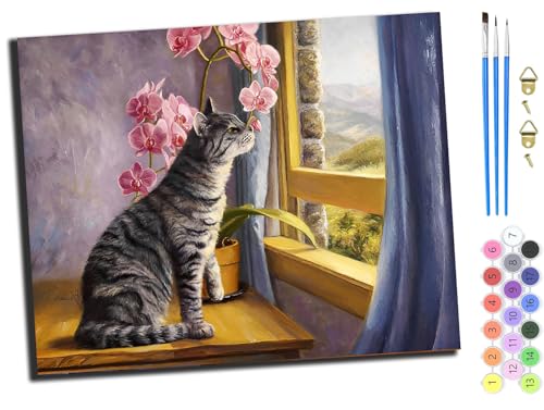 WANGXIAO Malen Nach Zahlen Erwachsene 40x50cm,mit Pinsels und Acrylfarbe kit,DIY Handgemalt Ölgemälde für Geschenke und Wandbilder Wohnzimmer,Katze lächelt und riecht Blumen am Fenster,ohne Rahmen von WANGXIAO