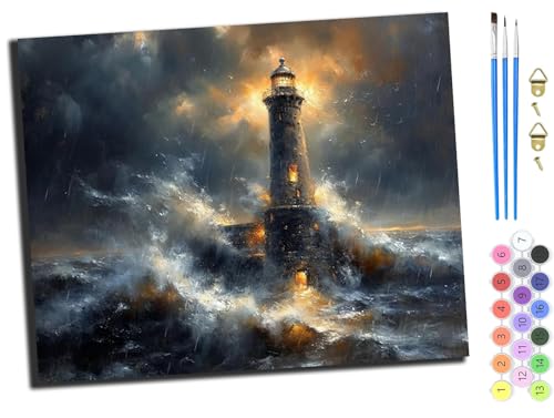 WANGXIAO Malen Nach Zahlen Erwachsene 40x50cm,mit Pinsels und Acrylfarbe kit,DIY Handgemalt Ölgemälde für Geschenke und Wandbilder Wohnzimmer,Sturm Ozean Sonnenschein Leuchtturm,ohne Rahmen von WANGXIAO