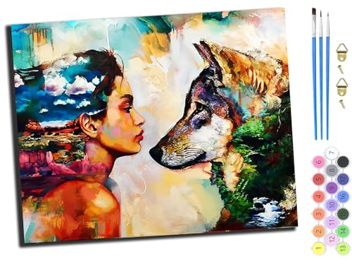 WANGXIAO Malen Nach Zahlen Erwachsene 40x50cm,mit Pinsels und Acrylfarbe kit,DIY Handgemalt Ölgemälde für Geschenke und Wandbilder Wohnzimmer,Wolf und Mädchen abstrakte Landschaft,ohne Rahmen von WANGXIAO