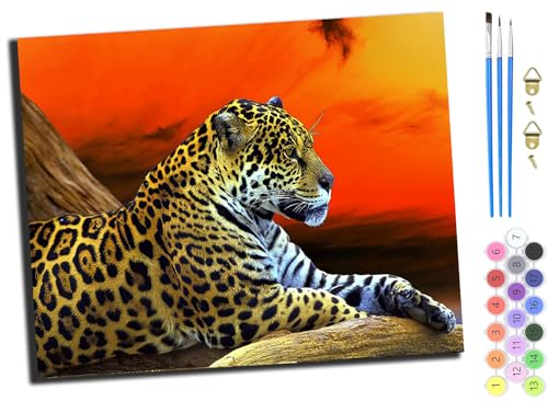WANGXIAO Malen Nach Zahlen Erwachsene 40x50cm,mit Pinsels und Acrylfarbe kit,DIY Handgemalt Ölgemälde für Geschenke und Wandbilder Wohnzimmer,sonnenuntergang leopard jaguar tier,mit Rahmen von WANGXIAO