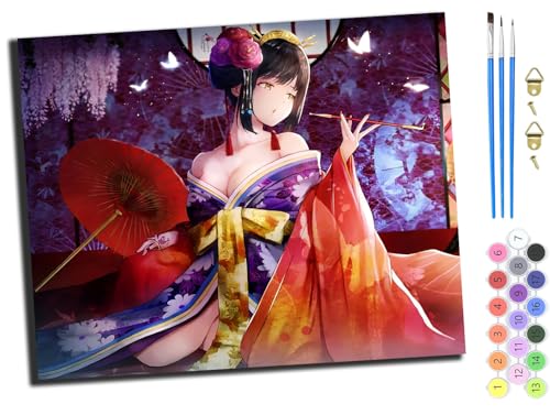 WANGXIAO Malen Nach Zahlen Erwachsene Kinder,Mädchen und Junge,Farbiges Leinwand Acrylfarben DIY Ölgemälde Set zur Heimdekoration,40x50cm,Anime japanische Mädchen Kimono Geisha,mit Rahmen von WANGXIAO