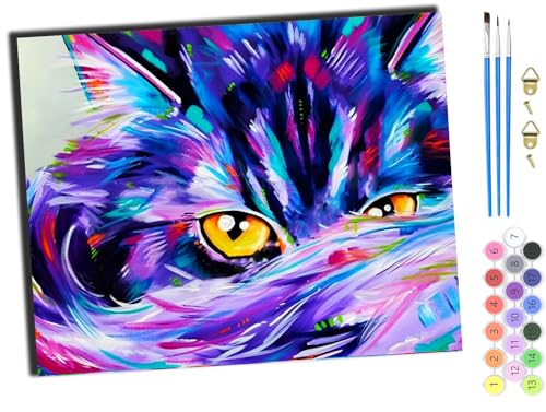 WANGXIAO Malen Nach Zahlen Erwachsene Kinder,Mädchen und Junge,Farbiges Leinwand Acrylfarben DIY Ölgemälde Set zur Heimdekoration,40x50cm,Aquarell lila Katze Haustier Katze,mit Rahmen von WANGXIAO