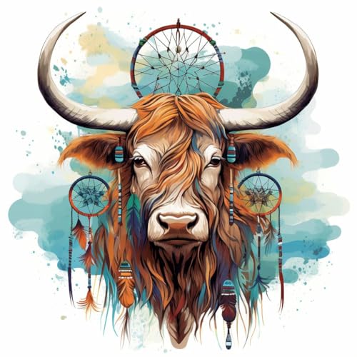 WANGXIAO Malen nach Zahlen Erwachsene,40x40cm,Be creative Heimdekoration Anfänger Mit Pinsel und Acrylfarben ölgemälde für Home Decor,Bunter Traumfänger Highland Cow，,ohne Rahmen von WANGXIAO
