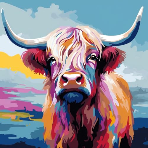 WANGXIAO Malen nach Zahlen Erwachsene,40x40cm,Be creative Heimdekoration Anfänger Mit Pinsel und Acrylfarben ölgemälde für Home Decor,Tal bunte Hochlandkuh，,Mit Rahmen von WANGXIAO