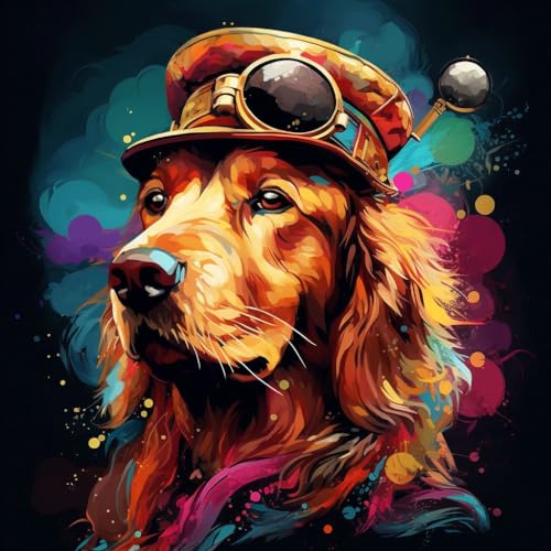 WANGXIAO Malen nach Zahlen Erwachsene,40x40cm,Be creative Heimdekoration Anfänger Mit Pinsel und Acrylfarben ölgemälde für Home Decor,bunter Steampunk Golden Retriever Hund，,Mit Rahmen von WANGXIAO