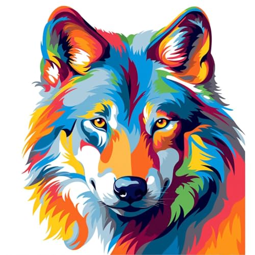 WANGXIAO Malen nach Zahlen Erwachsene,40x40cm,Be creative Heimdekoration Anfänger Mit Pinsel und Acrylfarben ölgemälde für Home Decor,wolf bunt graffiti tier，,Mit Rahmen von WANGXIAO