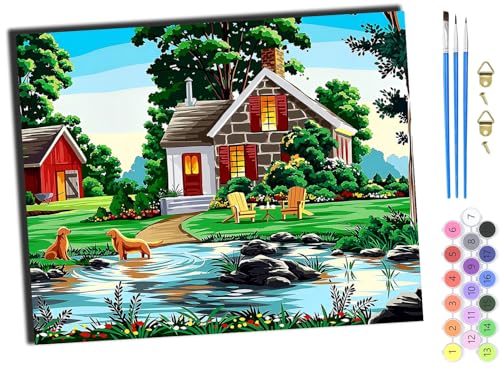 WANGXIAO Malen nach Zahlen Erwachsene,40x50cm,Be creative Heimdekoration Anfänger Mit Pinsel und Acrylfarben ölgemälde für Home Decor,Ferienhaus am Flussufer,mit Rahmen von WANGXIAO