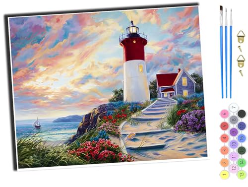 WANGXIAO Malen nach Zahlen Erwachsene,40x50cm,Be creative Heimdekoration Anfänger Mit Pinsel und Acrylfarben ölgemälde für Home Decor,Leuchtturm am Meer,ohne Rahmen von WANGXIAO