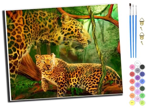 WANGXIAO Malen nach Zahlen Erwachsene,40x50cm,Be creative Heimdekoration Anfänger Mit Pinsel und Acrylfarben ölgemälde für Home Decor,Waldleopard,mit Rahmen von WANGXIAO