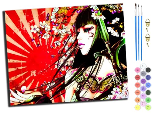 WANGXIAO Malen nach Zahlen Erwachsene,DIY Bastelset Handgemalt Ölgemälde Geschen Kit Mit 3,Pinseln und Acrylfarbe knitterfreie leinwand Kit,40x50 cm,Anime japanische Mädchen Kimono Geisha,mit Rahmen von WANGXIAO