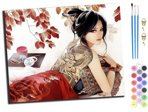 WANGXIAO Malen nach Zahlen Erwachsene,DIY Bastelset Handgemalt Ölgemälde Geschen Kit Mit 3,Pinseln und Acrylfarbe knitterfreie leinwand Kit,40x50 cm,Anime japanische Mädchen Kimono Geisha,mit Rahmen von WANGXIAO