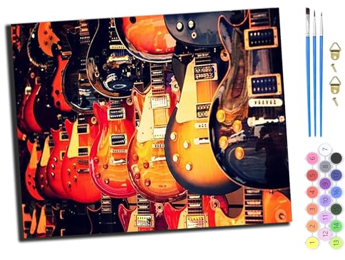 WANGXIAO Malen nach Zahlen Erwachsene,DIY Bastelset Handgemalt Ölgemälde Geschen Kit Mit 3,Pinseln und Acrylfarbe knitterfreie leinwand Kit,40x50 cm,Coole Gitarre,mit Rahmen von WANGXIAO