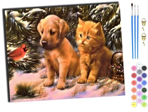 WANGXIAO Malen nach Zahlen Erwachsene,DIY Bastelset Handgemalt Ölgemälde Geschen Kit Mit 3,Pinseln und Acrylfarbe knitterfreie leinwand Kit,40x50 cm,Tiere Hund und Kätzchen,mit Rahmen WANGXIAO Malen nach Zahlen Erwachsene,DIY Bastelset Handgemalt Ölgemälde Geschen Kit Mit 3,Pinseln und Acrylfarbe knitterfreie leinwand Kit,40x50 cm,Tiere Hund und Kätzchen,mit Rahmen von WANGXIAO