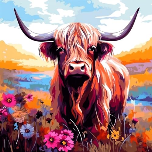 WANGXIAO Malen nach Zahlen Erwachsene,DIY Bastelset Handgemalt Ölgemälde Geschen Kit Mit 3 Pinseln und Acrylfarbe knitterfreie leinwand Kit,40x40 cm,Bunte Graffiti Blume Hochlandkuh，,ohne Rahmen von WANGXIAO
