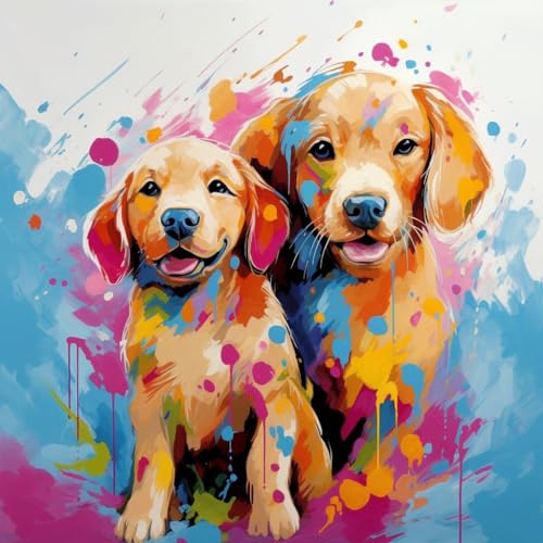WANGXIAO Malen nach Zahlen Erwachsene,DIY Bastelset Handgemalt Ölgemälde Geschen Kit Mit 3 Pinseln und Acrylfarbe knitterfreie leinwand Kit,40x40 cm,Bunte Graffiti zwei Golden Retriever，,ohne Rahmen von WANGXIAO