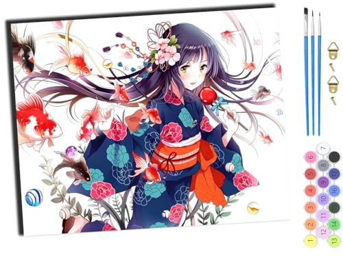 WANGXIAO Malen nach Zahlen Erwachsene,DIY Bastelset Handgemalt Ölgemälde Kit Mit 3,Pinseln und Acrylfarbe leinwand Kit,Geschenkideen,40x50 cm,Anime japanische Mädchen Kimono Geisha,mit Rahmen von WANGXIAO