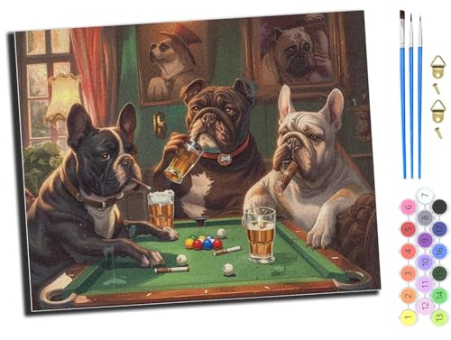 WANGXIAO Malen nach Zahlen Erwachsene,DIY Bastelset Handgemalt Ölgemälde Kit Mit 3,Pinseln und Acrylfarbe leinwand Kit,Geschenkideen,40x50 cm,Billard und drei französische Bulldoggen,mit Rahmen von WANGXIAO