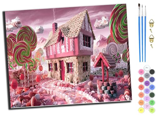 WANGXIAO Malen nach Zahlen Erwachsene,DIY Bastelset Handgemalt Ölgemälde Kit Mit 3,Pinseln und Acrylfarbe leinwand Kit,Geschenkideen,40x50 cm,Lollipop-Haus,mit Rahmen von WANGXIAO
