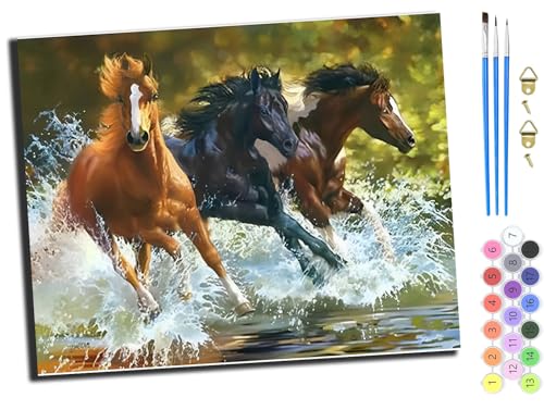 WANGXIAO Malen nach Zahlen Erwachsene,DIY Bastelset Handgemalt Ölgemälde Kit Mit 3,Pinseln und Acrylfarbe leinwand Kit,Geschenkideen,40x50 cm,Pferde im Wasser,ohne Rahmen von WANGXIAO