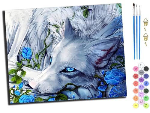 WANGXIAO Malen nach Zahlen Erwachsene,DIY Bastelset Handgemalt Ölgemälde Kit Mit 3,Pinseln und Acrylfarbe leinwand Kit,Geschenkideen,40x50 cm,Weißer Wolf Tier blaue Rose Blume,ohne Rahmen WANGXIAO Malen nach Zahlen Erwachsene,DIY Bastelset Handgemalt Ölgemälde Kit Mit 3,Pinseln und Acrylfarbe leinwand Kit,Geschenkideen,40x50 cm,Weißer Wolf Tier blaue Rose Blume,ohne Rahmen von WANGXIAO