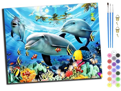 WANGXIAO Malen nach Zahlen Erwachsene,DIY Bastelset Handgemalt Ölgemälde Kit Mit 3,Pinseln und Acrylfarbe leinwand Kit,Geschenkideen,40x50 cm,delfin stern himmel planet,ohne Rahmen von WANGXIAO