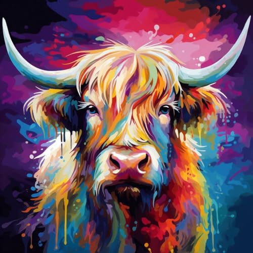 WANGXIAO Malen nach Zahlen Erwachsene,DIY Bastelset Handgemalt Ölgemälde Kit Mit 3 Pinseln und Acrylfarbe leinwand Kit,Geschenkideen,40x40 cm,Abstrakte Graffiti bunte Hochlandkuh，,ohne Rahmen von WANGXIAO