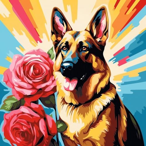 WANGXIAO Malen nach Zahlen Erwachsene,DIY Bastelset Handgemalt Ölgemälde Kit Mit 3 Pinseln und Acrylfarbe leinwand Kit,Geschenkideen,40x40 cm,Bunte Rose Deutscher Schäferhund，,ohne Rahmen von WANGXIAO