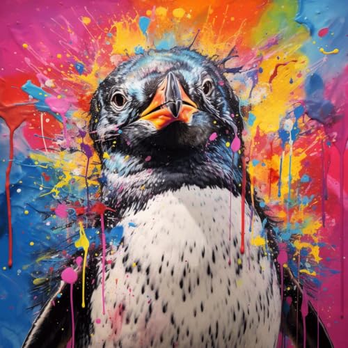 WANGXIAO Malen nach Zahlen Erwachsene,DIY Bastelset Handgemalt Ölgemälde Kit Mit 3 Pinseln und Acrylfarbe leinwand Kit,Geschenkideen,40x40 cm,Bunter abstrakter Graffiti-Pinguin，,ohne Rahmen von WANGXIAO