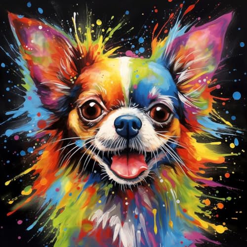 WANGXIAO Malen nach Zahlen Erwachsene,DIY Handgemalt Ölgemälde Kit, Mit 3 Pinseln und Acrylfarbe leinwand Kit,40x40 cm,Abstrakte Graffiti bunten Chihuahua Hund，,ohne Rahmen von WANGXIAO
