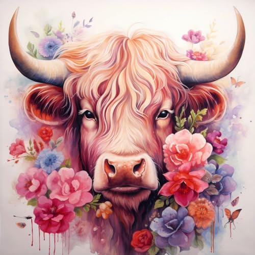 WANGXIAO Malen nach Zahlen Erwachsene,DIY Handgemalt Ölgemälde Kit, Mit 3 Pinseln und Acrylfarbe leinwand Kit,40x40 cm,Bunte Graffiti Blume Hochlandkuh，,ohne Rahmen von WANGXIAO