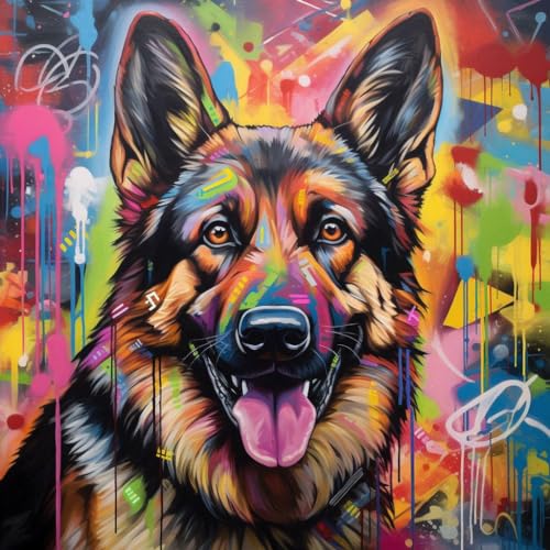 WANGXIAO Malen nach Zahlen Erwachsene,DIY Handgemalt Ölgemälde Kit, Mit 3 Pinseln und Acrylfarbe leinwand Kit,40x40 cm,Bunte Graffiti Deutscher Schäferhund，,ohne Rahmen von WANGXIAO
