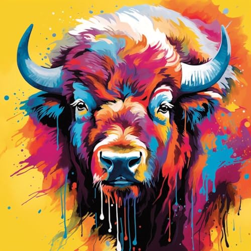 WANGXIAO Malen nach Zahlen Erwachsene,DIY Handgemalt Ölgemälde Kit, Mit 3 Pinseln und Acrylfarbe leinwand Kit,40x40 cm,Bunte afrikanische Büffel-Splash-Graffiti-Kunst，,ohne Rahmen von WANGXIAO