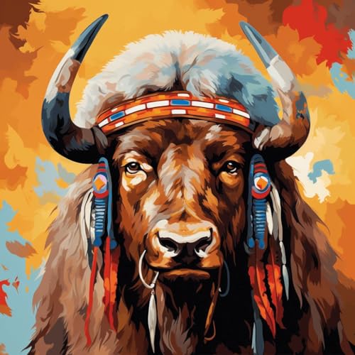 WANGXIAO Malen nach Zahlen Erwachsene,DIY Handgemalt Ölgemälde Kit, Mit 3 Pinseln und Acrylfarbe leinwand Kit,40x40 cm,Häuptling eines afrikanischen Büffel-Indianerstammes，,ohne Rahmen von WANGXIAO