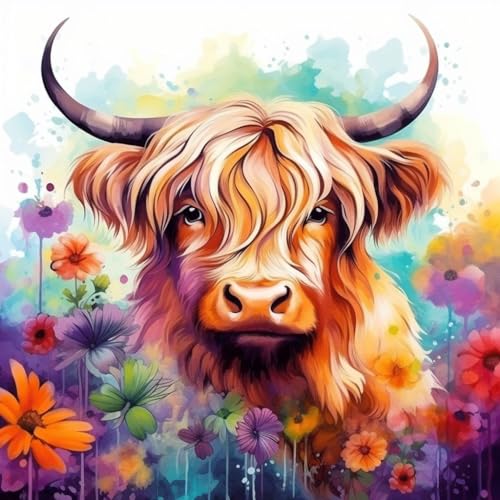 WANGXIAO Malen nach Zahlen Erwachsene,DIY Handgemalt Ölgemälde Kit,40x40 cm, Mit 3 Pinseln und Acrylfarbe leinwand Kit,Bunte Graffiti Blume Hochlandkuh，,ohne Rahmen von WANGXIAO