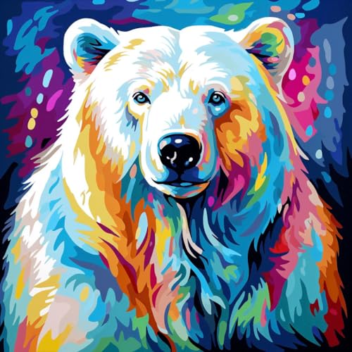 WANGXIAO Malen nach Zahlen Erwachsene,DIY Handgemalt Ölgemälde Kit,40x40 cm, Mit 3 Pinseln und Acrylfarbe leinwand Kit,Bunter Aurora-Eisbär，,ohne Rahmen von WANGXIAO