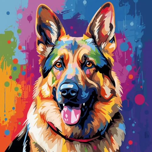 WANGXIAO Malen nach Zahlen Erwachsene,DIY Handgemalt Ölgemälde Kit,40x40 cm, Mit 3 Pinseln und Acrylfarbe leinwand Kit,Bunter Hund Deutscher Schäferhund，,ohne Rahmen von WANGXIAO