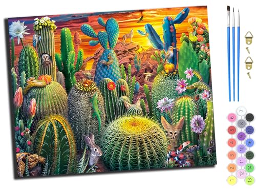 WANGXIAO Malen nach Zahlen Erwachsene,DIY Handgemalt Ölgemälde Kit,40x50 cm,Paint by Numbers Adult Mit 3,Pinseln und Acrylfarbe leinwand Kit,Sonnenuntergang über einem Wüstenkaktus,mit Rahmen von WANGXIAO