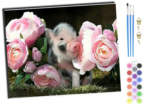 WANGXIAO Malen nach Zahlen Erwachsene,DIY Handgemalt Ölgemälde Kit,40x50 cm,Paint by Numbers Adult Mit 3,Pinseln und Acrylfarbe leinwand Kit,Tierschwein und Blumen,mit Rahmen von WANGXIAO